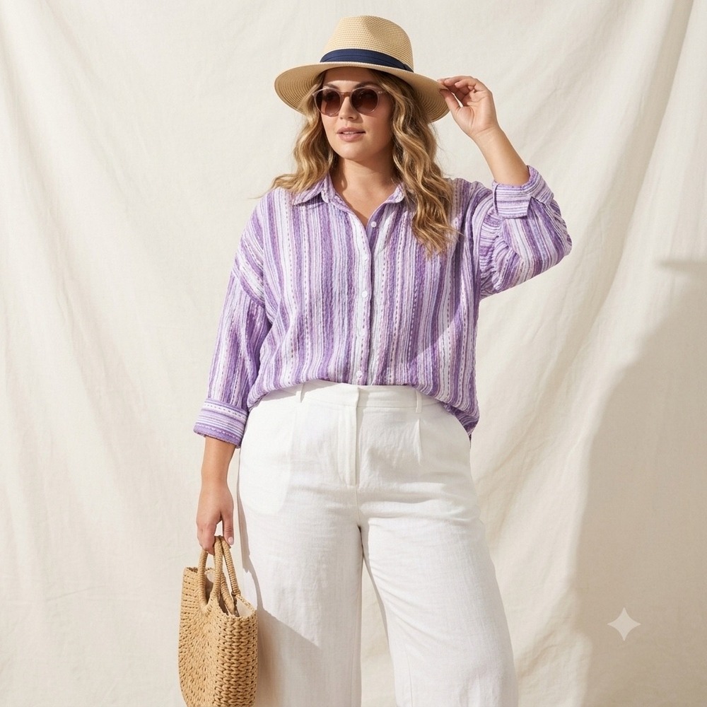 Wms 90s Vtg Button Up Shirt‎ 2X Purple Striped Seersucker Coastal Breckenridge